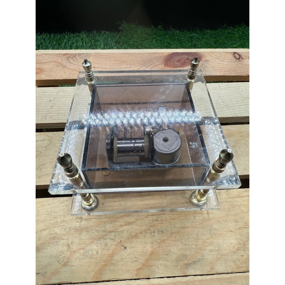 Vintage Sankyo Japan Clear Acrylic Music Box-Brass Accents Mid-Century